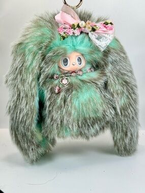 (22) Plush Bunny Keychain with Mint Green Fur and Pink Bow